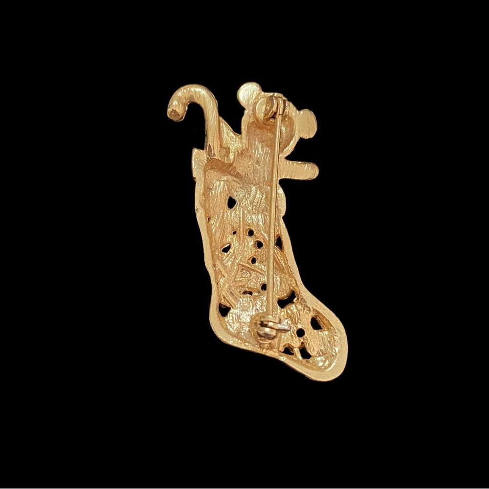 Jeweled Christmas Teddy Bear Stocking Elegant Accent Gold Brooch: - Picture 2 of 3